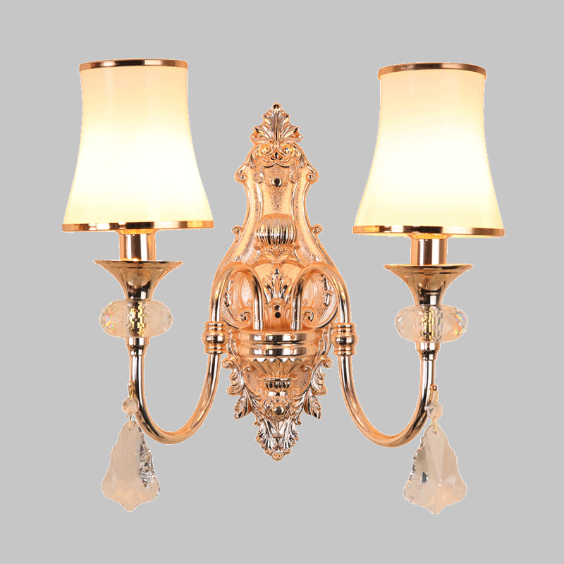 Gold Flared Wall Mount Light Fixture Traditional Translucent Crystal 1/2 Heads Living Room Wall Sconce Lighting Clearhalo 'Wall Lamps & Sconces' 'Wall Lights' Lighting' 324427