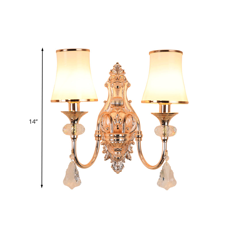 Gold Flared Wall Mount Light Fixture Traditional Translucent Crystal 1/2 Heads Living Room Wall Sconce Lighting Clearhalo 'Wall Lamps & Sconces' 'Wall Lights' Lighting' 324428