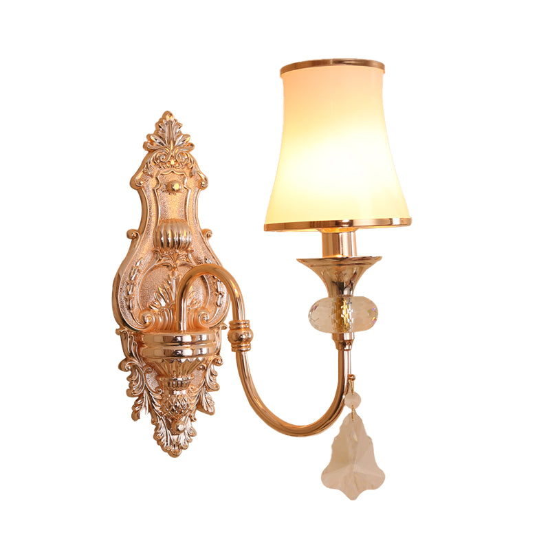 Gold Flared Wall Mount Light Fixture Traditional Translucent Crystal 1/2 Heads Living Room Wall Sconce Lighting 1.0 Gold Clearhalo 'Wall Lamps & Sconces' 'Wall Lights' Lighting' 324429