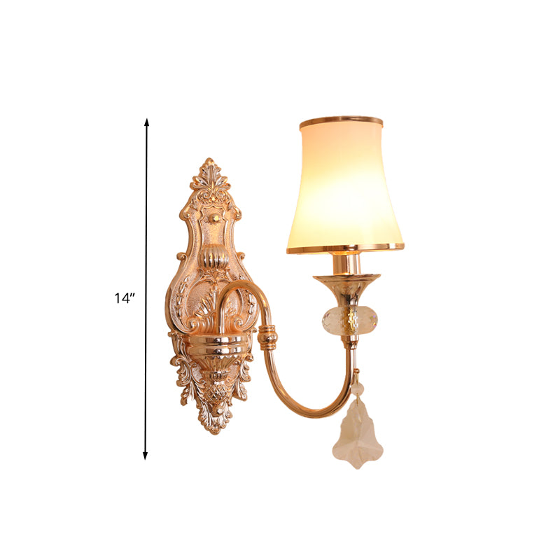 Gold Flared Wall Mount Light Fixture Traditional Translucent Crystal 1/2 Heads Living Room Wall Sconce Lighting Clearhalo 'Wall Lamps & Sconces' 'Wall Lights' Lighting' 324430