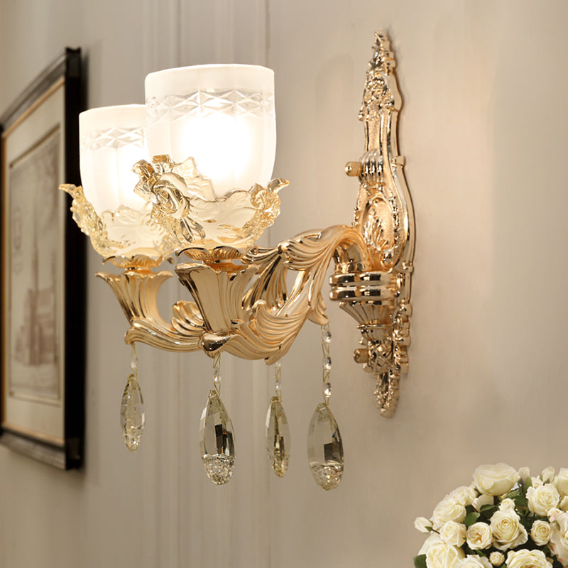 White Glass Bowl Wall Mounted Lamp Vintage 1/2 Heads Living Room LED Sconce Light Fixture in Gold with Crystal Draping Clearhalo 'Wall Lamps & Sconces' 'Wall Lights' Lighting' 324437