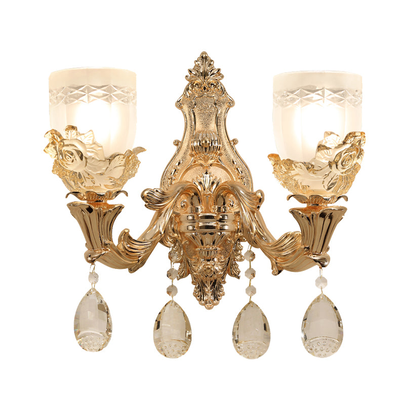 White Glass Bowl Wall Mounted Lamp Vintage 1/2 Heads Living Room LED Sconce Light Fixture in Gold with Crystal Draping Clearhalo 'Wall Lamps & Sconces' 'Wall Lights' Lighting' 324438