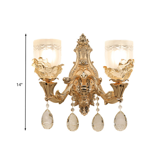 White Glass Bowl Wall Mounted Lamp Vintage 1/2 Heads Living Room LED Sconce Light Fixture in Gold with Crystal Draping Clearhalo 'Wall Lamps & Sconces' 'Wall Lights' Lighting' 324440