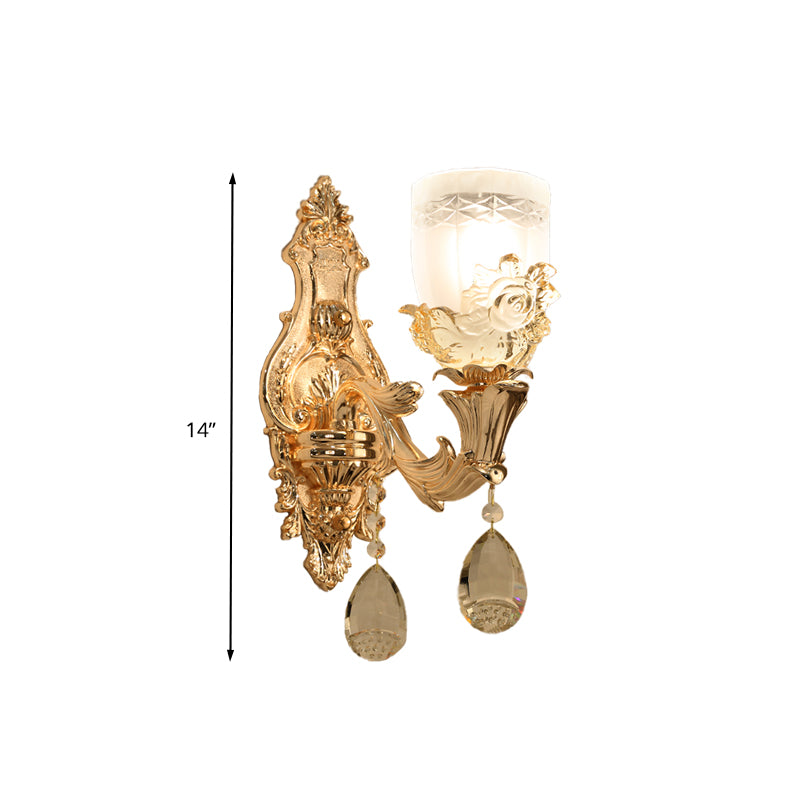 White Glass Bowl Wall Mounted Lamp Vintage 1/2 Heads Living Room LED Sconce Light Fixture in Gold with Crystal Draping Clearhalo 'Wall Lamps & Sconces' 'Wall Lights' Lighting' 324443