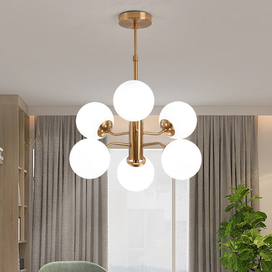 Milky Glass Ball Ceiling Chandelier Contemporary 6 Heads Suspended Lighting Fixture in Gold Gold Clearhalo 'Ceiling Lights' 'Chandeliers' 'Glass shade' 'Glass' 'Modern Chandeliers' 'Modern' Lighting' 324444