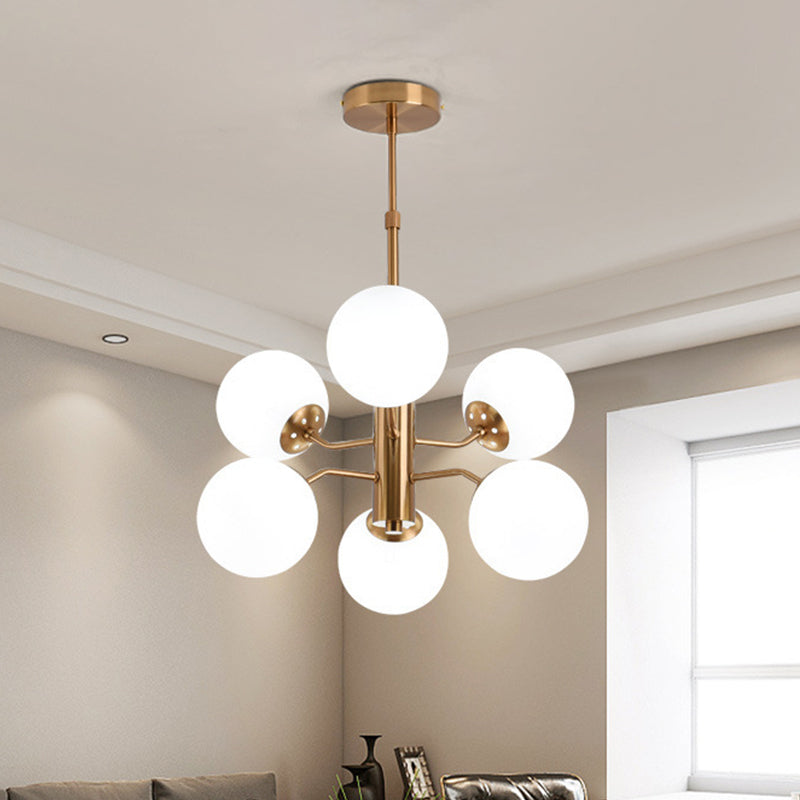 Milky Glass Ball Ceiling Chandelier Contemporary 6 Heads Suspended Lighting Fixture in Gold Clearhalo 'Ceiling Lights' 'Chandeliers' 'Glass shade' 'Glass' 'Modern Chandeliers' 'Modern' Lighting' 324445