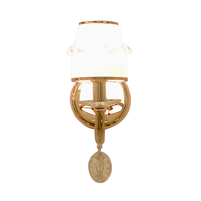 1/2 Bulbs Frosted Glass Sconce Traditionalist Gold Barrel Living Room Wall Mounted Light with Clear Crystal Drop Clearhalo 'Wall Lamps & Sconces' 'Wall Lights' Lighting' 324456