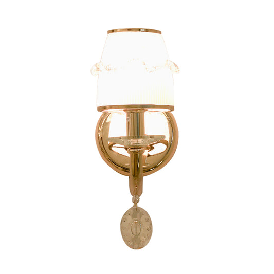 1/2 Bulbs Frosted Glass Sconce Traditionalist Gold Barrel Living Room Wall Mounted Light with Clear Crystal Drop Clearhalo 'Wall Lamps & Sconces' 'Wall Lights' Lighting' 324456