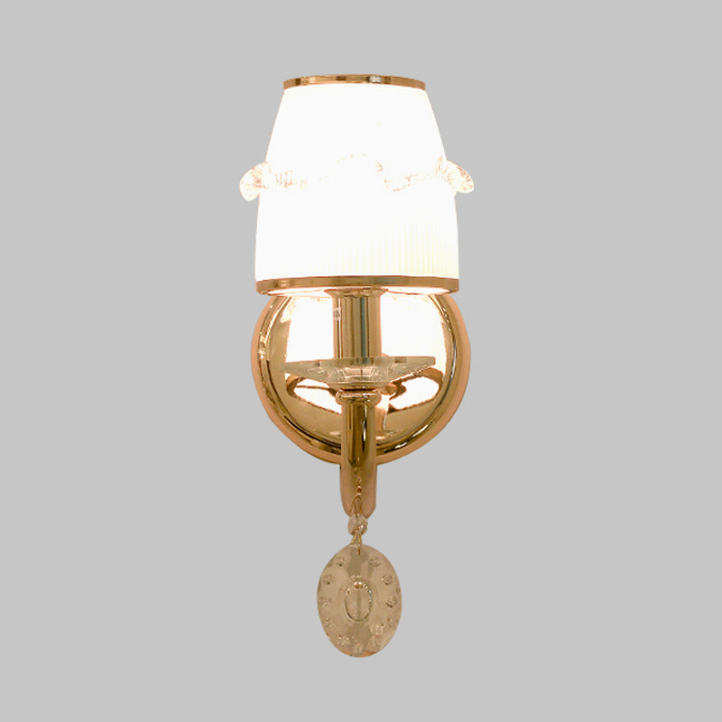 1/2 Bulbs Frosted Glass Sconce Traditionalist Gold Barrel Living Room Wall Mounted Light with Clear Crystal Drop Clearhalo 'Wall Lamps & Sconces' 'Wall Lights' Lighting' 324457