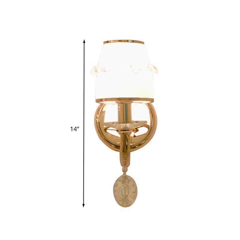 1/2 Bulbs Frosted Glass Sconce Traditionalist Gold Barrel Living Room Wall Mounted Light with Clear Crystal Drop Clearhalo 'Wall Lamps & Sconces' 'Wall Lights' Lighting' 324458