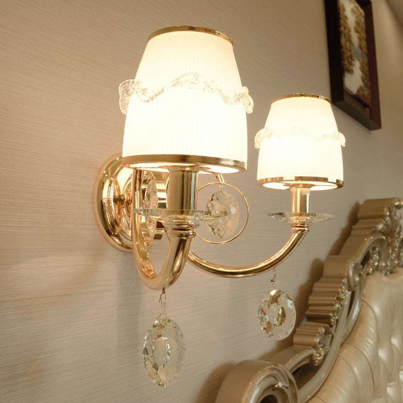 1/2 Bulbs Frosted Glass Sconce Traditionalist Gold Barrel Living Room Wall Mounted Light with Clear Crystal Drop 2.0 Gold Clearhalo 'Wall Lamps & Sconces' 'Wall Lights' Lighting' 324459