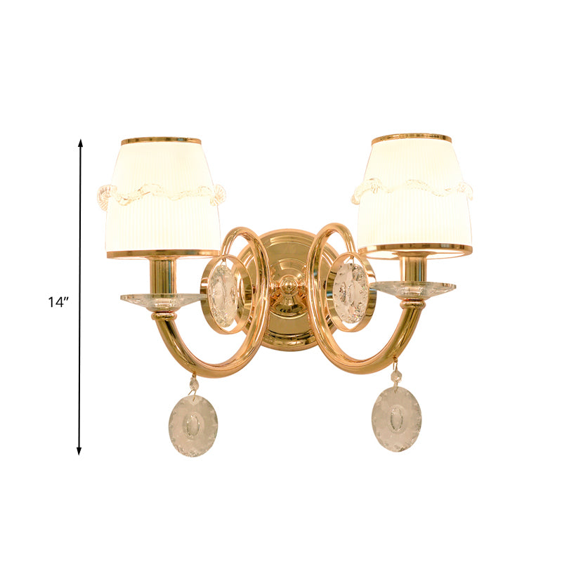 1/2 Bulbs Frosted Glass Sconce Traditionalist Gold Barrel Living Room Wall Mounted Light with Clear Crystal Drop Clearhalo 'Wall Lamps & Sconces' 'Wall Lights' Lighting' 324461