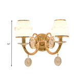 1/2 Bulbs Frosted Glass Sconce Traditionalist Gold Barrel Living Room Wall Mounted Light with Clear Crystal Drop Clearhalo 'Wall Lamps & Sconces' 'Wall Lights' Lighting' 324461