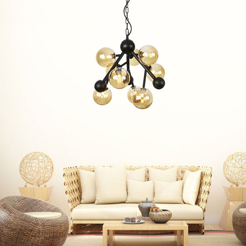 Globe Living Room Chandelier Lighting Amber Glass 9 Heads Modernist Hanging Light Fixture Clearhalo 'Ceiling Lights' 'Chandeliers' 'Glass shade' 'Glass' 'Modern Chandeliers' 'Modern' Lighting' 324501