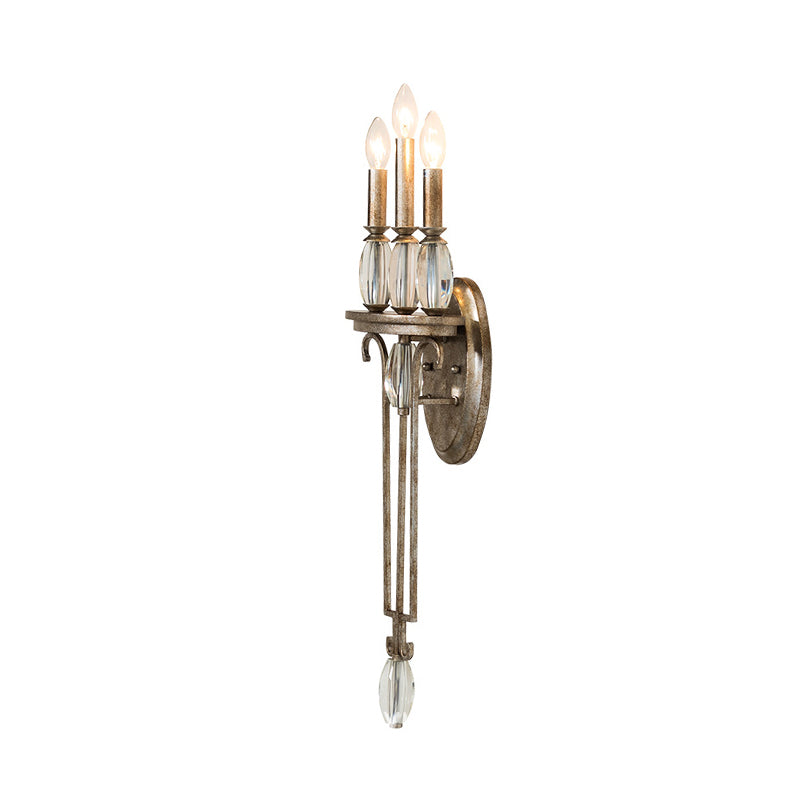 3 Lights Candle Wall Sconce Lighting Rural Antique Silver Clear K9 Crystal LED Wall Light Fixture Clearhalo 'Wall Lamps & Sconces' 'Wall Lights' Lighting' 324507