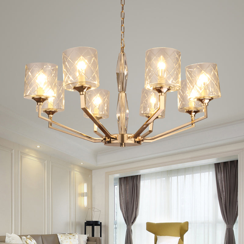 Modern 8 Bulbs Chandelier Lighting Gold Cylindrical Hanging Light Kit with Lattice Glass Shade Clearhalo 'Ceiling Lights' 'Chandeliers' 'Glass shade' 'Glass' 'Modern Chandeliers' 'Modern' Lighting' 324520