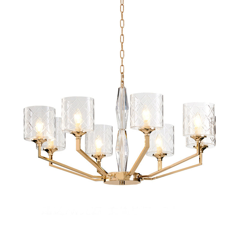 Modern 8 Bulbs Chandelier Lighting Gold Cylindrical Hanging Light Kit with Lattice Glass Shade Clearhalo 'Ceiling Lights' 'Chandeliers' 'Glass shade' 'Glass' 'Modern Chandeliers' 'Modern' Lighting' 324522