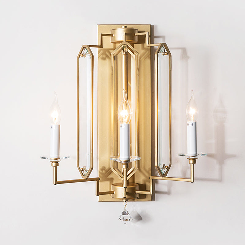 Metal Candelabra Wall Mounted Lamp Countryside 3 Heads Dining Room Sconce Light Fixture in Gold with Crystal Accent Gold Clearhalo 'Wall Lamps & Sconces' 'Wall Lights' Lighting' 324538