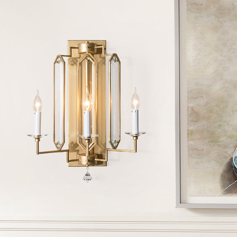 Metal Candelabra Wall Mounted Lamp Countryside 3 Heads Dining Room Sconce Light Fixture in Gold with Crystal Accent Clearhalo 'Wall Lamps & Sconces' 'Wall Lights' Lighting' 324539