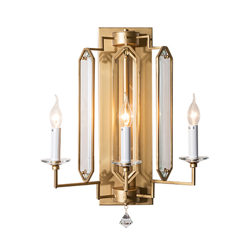 Metal Candelabra Wall Mounted Lamp Countryside 3 Heads Dining Room Sconce Light Fixture in Gold with Crystal Accent Clearhalo 'Wall Lamps & Sconces' 'Wall Lights' Lighting' 324541