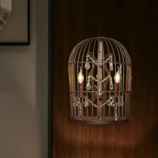 Industrial Birdcage Wall Mount Lamp 2 Lights Metal Wall Sconce Lighting in Rust with Dangling Crystal Rust Clearhalo 'Art deco wall lights' 'Industrial wall lights' 'Industrial' 'Middle century wall lights' 'Tiffany' 'Wall Lamps & Sconces' 'Wall Lights' Lighting' 324543
