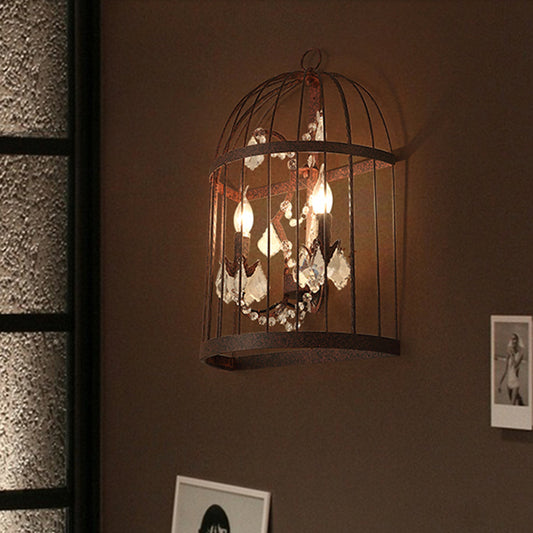 Birdcage Living Room Wall Sconce Industrial Clear Crystal Glass 2 Heads Rust Wall Lighting Fixture Rust Clearhalo 'Art deco wall lights' 'Industrial wall lights' 'Industrial' 'Middle century wall lights' 'Tiffany' 'Wall Lamps & Sconces' 'Wall Lights' Lighting' 324553