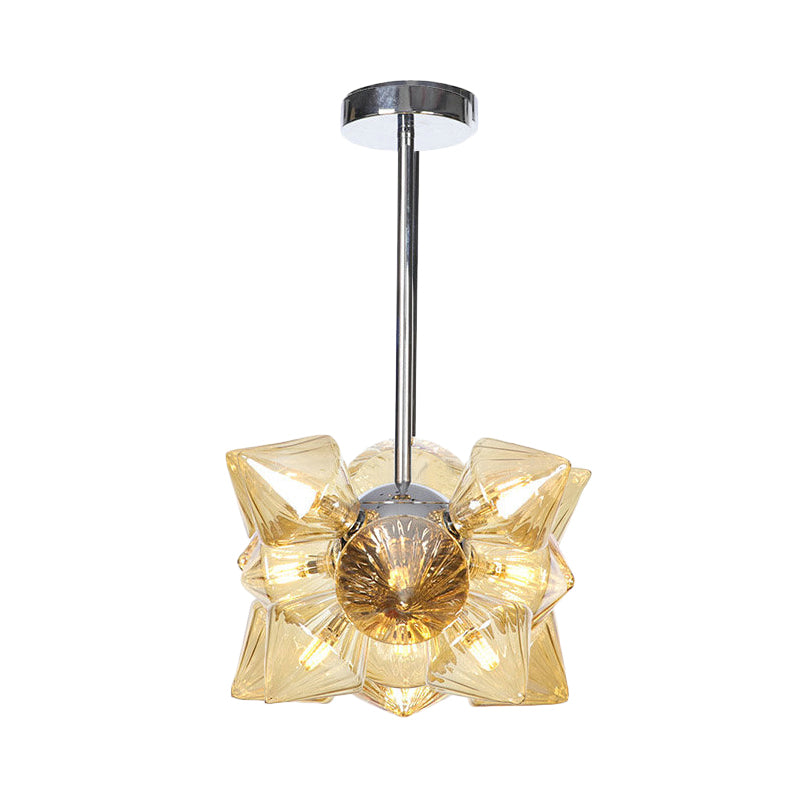 Diamond Hanging Chandelier Modernism Amber Glass 9/12 Heads Ceiling Pendant Light in Chrome Clearhalo 'Ceiling Lights' 'Chandeliers' 'Glass shade' 'Glass' 'Modern Chandeliers' 'Modern' Lighting' 324573