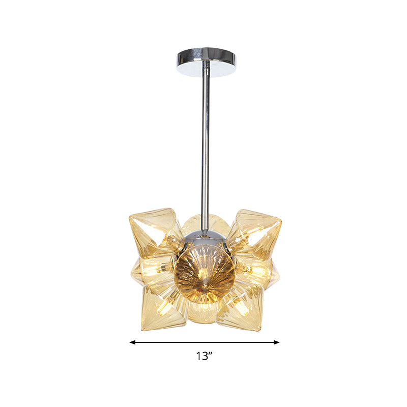 Diamond Hanging Chandelier Modernism Amber Glass 9/12 Heads Ceiling Pendant Light in Chrome Clearhalo 'Ceiling Lights' 'Chandeliers' 'Glass shade' 'Glass' 'Modern Chandeliers' 'Modern' Lighting' 324574