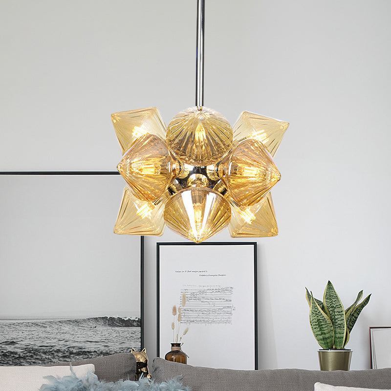 Diamond Hanging Chandelier Modernism Amber Glass 9/12 Heads Ceiling Pendant Light in Chrome Clearhalo 'Ceiling Lights' 'Chandeliers' 'Glass shade' 'Glass' 'Modern Chandeliers' 'Modern' Lighting' 324576