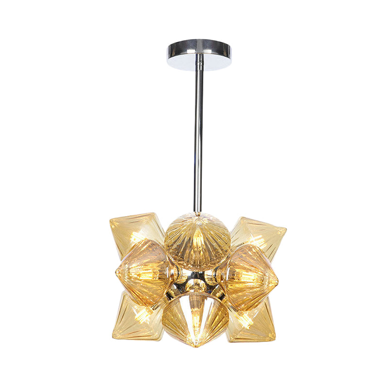 Diamond Hanging Chandelier Modernism Amber Glass 9/12 Heads Ceiling Pendant Light in Chrome Clearhalo 'Ceiling Lights' 'Chandeliers' 'Glass shade' 'Glass' 'Modern Chandeliers' 'Modern' Lighting' 324578