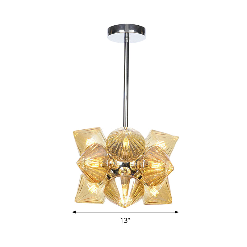 Diamond Hanging Chandelier Modernism Amber Glass 9/12 Heads Ceiling Pendant Light in Chrome Clearhalo 'Ceiling Lights' 'Chandeliers' 'Glass shade' 'Glass' 'Modern Chandeliers' 'Modern' Lighting' 324579