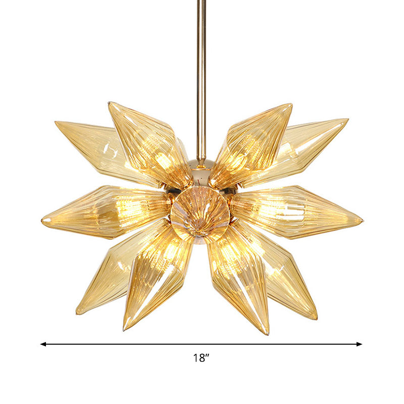 18 Heads Conical Hanging Chandelier Modern Amber Ribbed Glass Ceiling Pendant Light in Gold Clearhalo 'Ceiling Lights' 'Chandeliers' 'Glass shade' 'Glass' 'Modern Chandeliers' 'Modern' Lighting' 324589