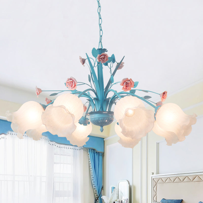 Floral White Glass Chandelier Light Countryside 8 Bulbs Living Room Pendant Lamp in Blue Clearhalo 'Ceiling Lights' 'Chandeliers' 'Glass shade' 'Glass' 'Island Lights' Lighting' 324591