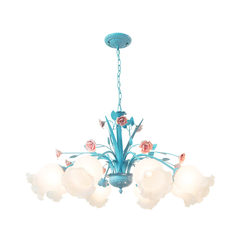 Floral White Glass Chandelier Light Countryside 8 Bulbs Living Room Pendant Lamp in Blue Clearhalo 'Ceiling Lights' 'Chandeliers' 'Glass shade' 'Glass' 'Island Lights' Lighting' 324592