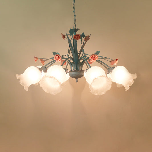 Floral White Glass Chandelier Light Countryside 8 Bulbs Living Room Pendant Lamp in Blue Clearhalo 'Ceiling Lights' 'Chandeliers' 'Glass shade' 'Glass' 'Island Lights' Lighting' 324593