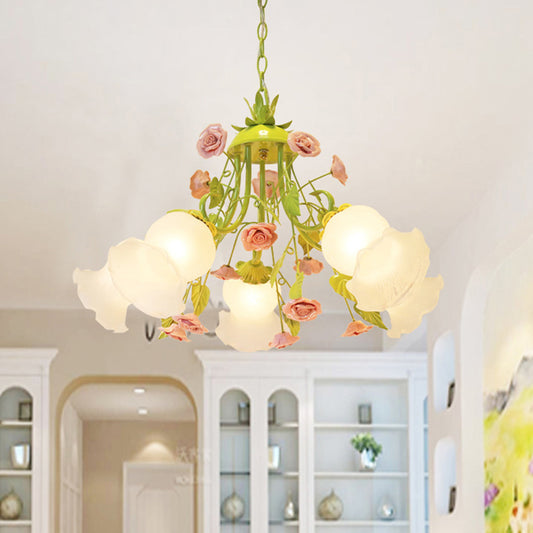 Pink/Green 5 Heads Chandelier Lighting Traditionalism Opal Glass Blossom Pendant Ceiling Light for Living Room Green Clearhalo 'Ceiling Lights' 'Chandeliers' 'Glass shade' 'Glass' Lighting' 324620