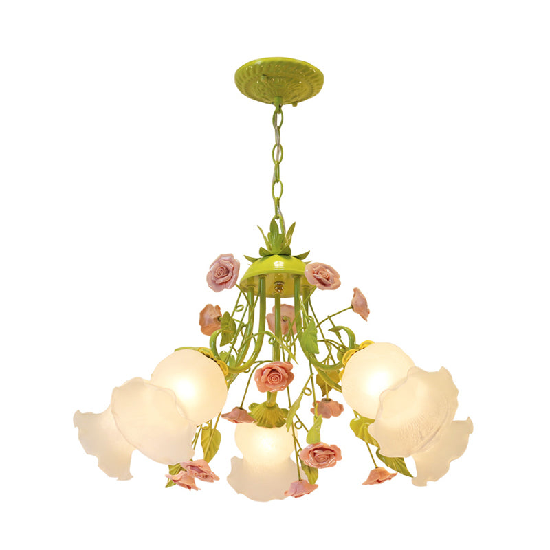 Pink/Green 5 Heads Chandelier Lighting Traditionalism Opal Glass Blossom Pendant Ceiling Light for Living Room Clearhalo 'Ceiling Lights' 'Chandeliers' 'Glass shade' 'Glass' Lighting' 324623