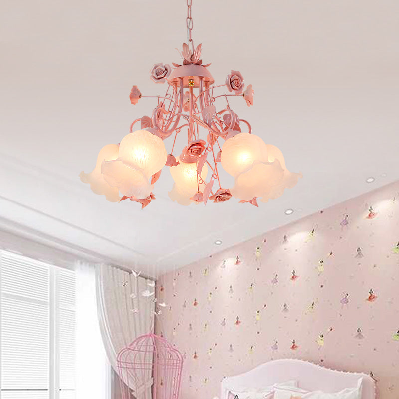 Pink/Green 5 Heads Chandelier Lighting Traditionalism Opal Glass Blossom Pendant Ceiling Light for Living Room Pink Clearhalo 'Ceiling Lights' 'Chandeliers' 'Glass shade' 'Glass' Lighting' 324625