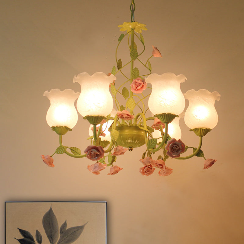 Milk Glass Bloom Chandelier Lamp Traditional 6 Heads Living Room Pendant Light Fixture in Green Clearhalo 'Ceiling Lights' 'Chandeliers' 'Glass shade' 'Glass' Lighting' 324634