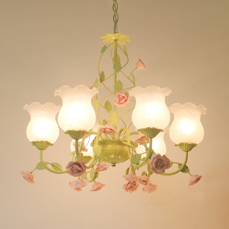 Milk Glass Bloom Chandelier Lamp Traditional 6 Heads Living Room Pendant Light Fixture in Green Clearhalo 'Ceiling Lights' 'Chandeliers' 'Glass shade' 'Glass' Lighting' 324636