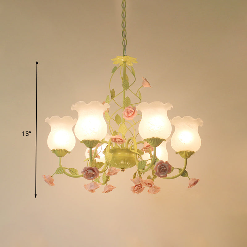 Milk Glass Bloom Chandelier Lamp Traditional 6 Heads Living Room Pendant Light Fixture in Green Clearhalo 'Ceiling Lights' 'Chandeliers' 'Glass shade' 'Glass' Lighting' 324637