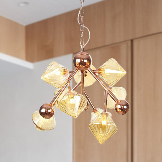 Modern 9 Heads Chandelier Light Rose Gold Diamond Pendant Lighting Fixture with Amber Glass Shade Rose Gold Clearhalo 'Ceiling Lights' 'Chandeliers' 'Glass shade' 'Glass' 'Modern Chandeliers' 'Modern' Lighting' 324638