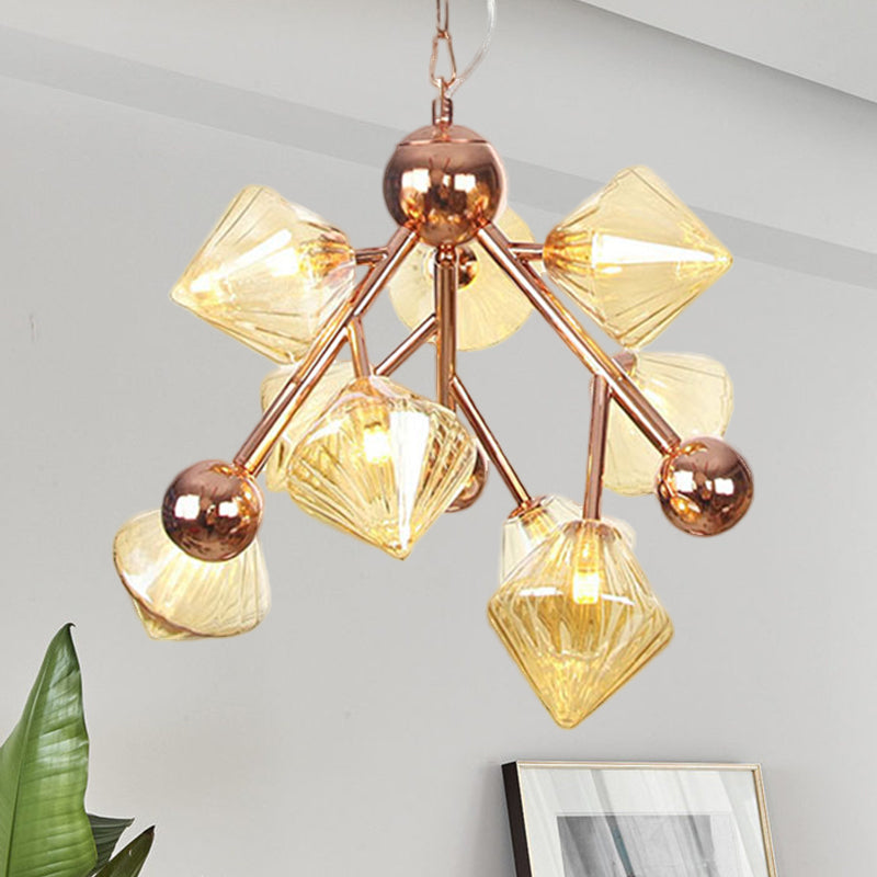 Modern 9 Heads Chandelier Light Rose Gold Diamond Pendant Lighting Fixture with Amber Glass Shade Clearhalo 'Ceiling Lights' 'Chandeliers' 'Glass shade' 'Glass' 'Modern Chandeliers' 'Modern' Lighting' 324639