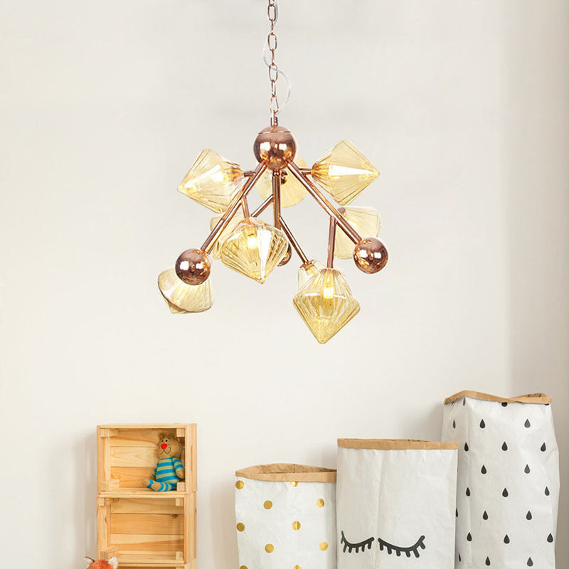 Modern 9 Heads Chandelier Light Rose Gold Diamond Pendant Lighting Fixture with Amber Glass Shade Clearhalo 'Ceiling Lights' 'Chandeliers' 'Glass shade' 'Glass' 'Modern Chandeliers' 'Modern' Lighting' 324640