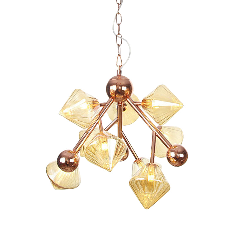 Modern 9 Heads Chandelier Light Rose Gold Diamond Pendant Lighting Fixture with Amber Glass Shade Clearhalo 'Ceiling Lights' 'Chandeliers' 'Glass shade' 'Glass' 'Modern Chandeliers' 'Modern' Lighting' 324641