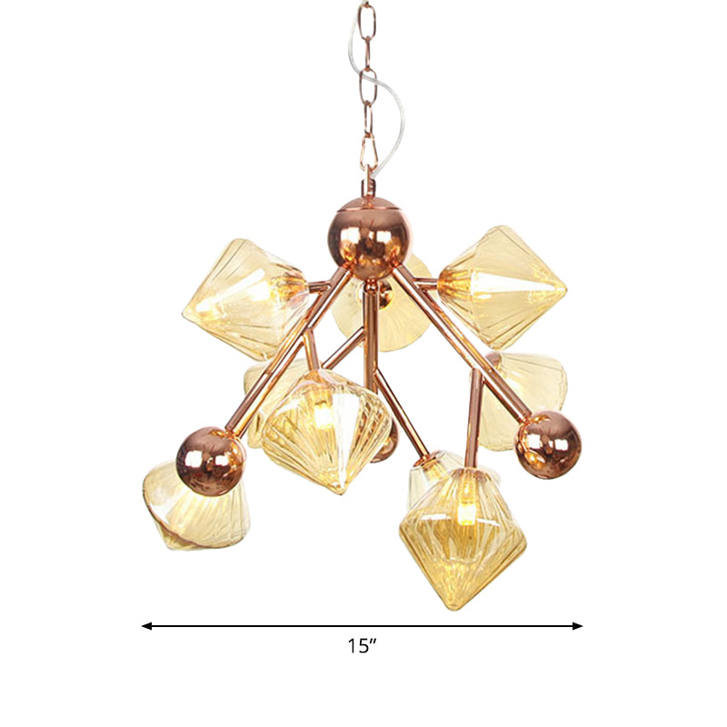 Modern 9 Heads Chandelier Light Rose Gold Diamond Pendant Lighting Fixture with Amber Glass Shade Clearhalo 'Ceiling Lights' 'Chandeliers' 'Glass shade' 'Glass' 'Modern Chandeliers' 'Modern' Lighting' 324642