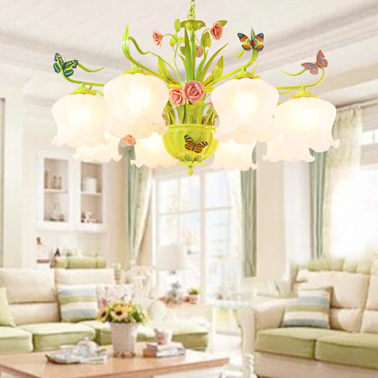 Countryside Flower Hanging Pendant 8 Heads Opal Glass Chandelier Lighting Fixture in Green for Living Room Green Clearhalo 'Ceiling Lights' 'Chandeliers' 'Glass shade' 'Glass' Lighting' 324643