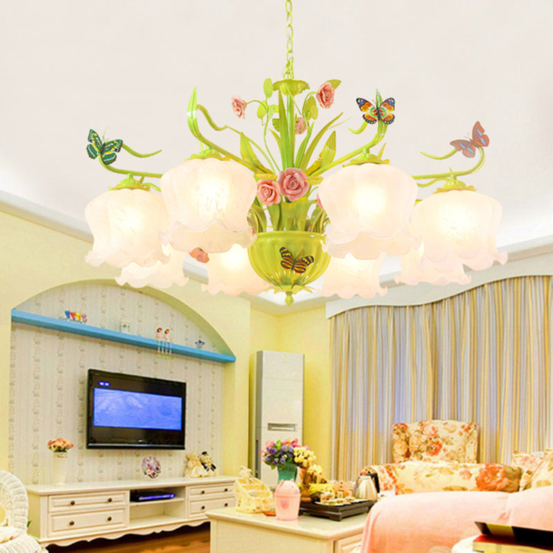 Countryside Flower Hanging Pendant 8 Heads Opal Glass Chandelier Lighting Fixture in Green for Living Room Clearhalo 'Ceiling Lights' 'Chandeliers' 'Glass shade' 'Glass' Lighting' 324644