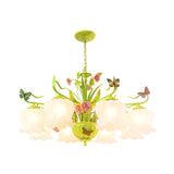 Countryside Flower Hanging Pendant 8 Heads Opal Glass Chandelier Lighting Fixture in Green for Living Room Clearhalo 'Ceiling Lights' 'Chandeliers' 'Glass shade' 'Glass' Lighting' 324645