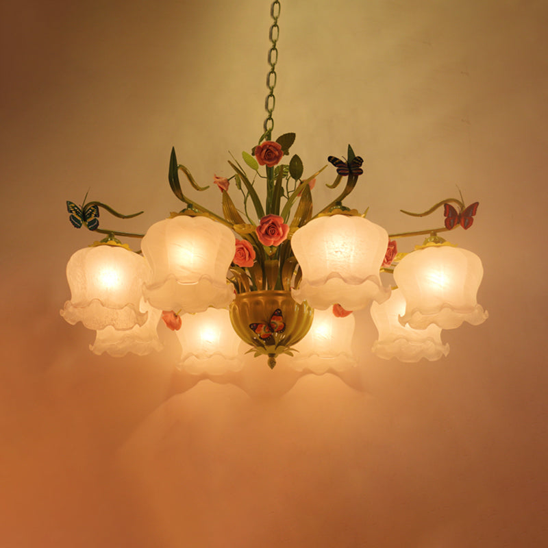 Countryside Flower Hanging Pendant 8 Heads Opal Glass Chandelier Lighting Fixture in Green for Living Room Clearhalo 'Ceiling Lights' 'Chandeliers' 'Glass shade' 'Glass' Lighting' 324646